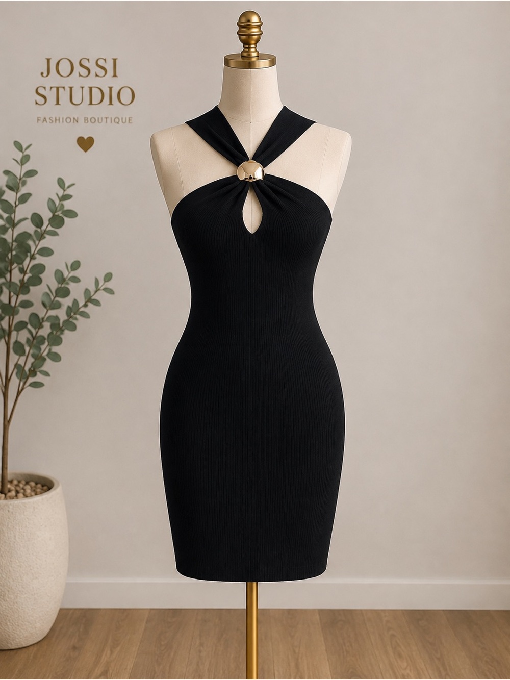 Jossi Studio Black Halter Mini Dress with Gold Ring Detail